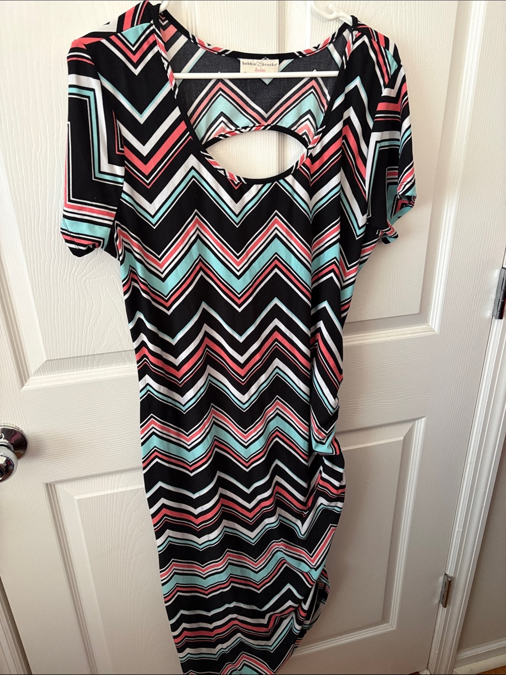 Bobby Brooks Black Chevron Print Short Sleeve Dress with Mint & Coral Accents